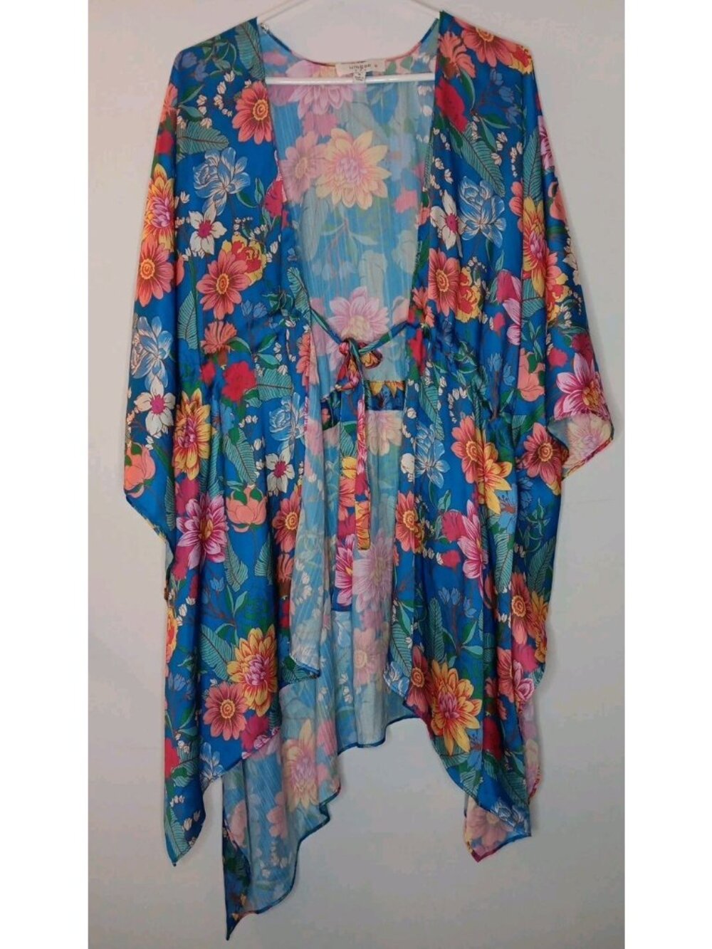 Umgee + Womens 1XL Blue Floral Duster Kimono Satin Drawstring Open Front Sides